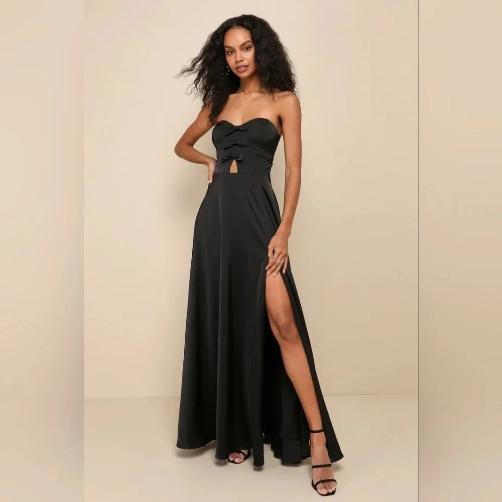 Lulu's Upscale Poise Black Satin Bow Strapless Maxi Dress Wedding Party Guest - Picture 2 of 12